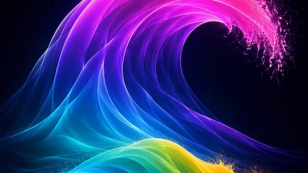 A neon wave curling across a dark background in pink, purple, blue, green and yellow